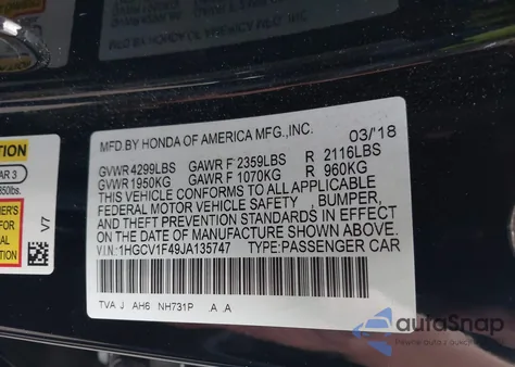 2018 Honda Accord Ex z USA, uszkodzony, nr VIN 1HGCV1F49JA135747